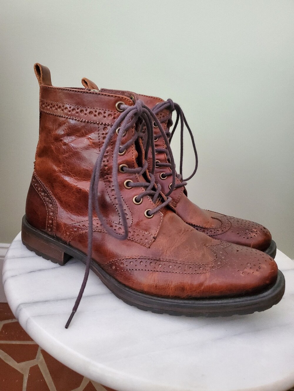 Aston Grey Cable Wingtip Lace Up Boots Mens 8.5 Brown Leather